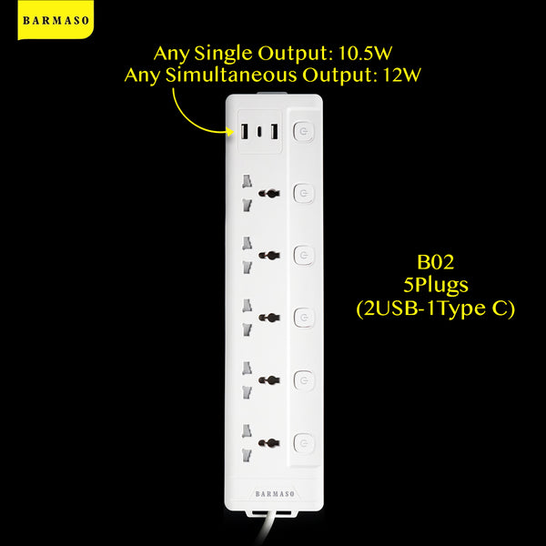 B02 (5 Plugs) (2 USB- 1 Type C) Power Socket