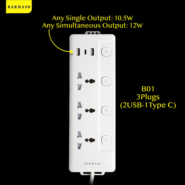 B01 (3 Plugs) (2 USB- 1 Type C) Power Socket